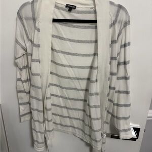 Express Women's Gray and White Striped Cardigan